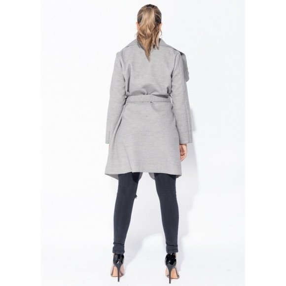 Gray Wool Blend Long Sleeve Oversized Lapel Belted Waterfall Collar Coat - Picture 6 of 8